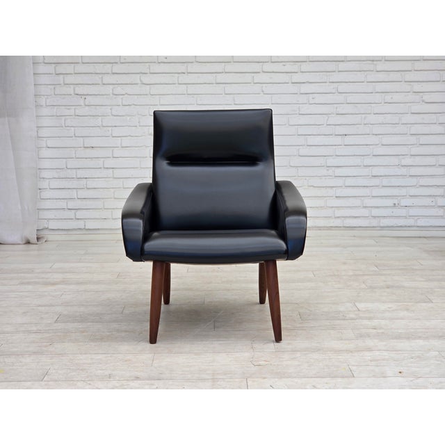 Danish Armchair in Black Artificial Leather and Teak Wood Legs, 1970s For Sale - Image 4 of 15