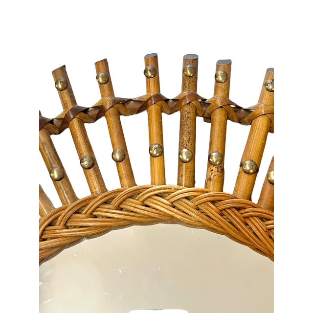 Vintage Italian Rattan Bamboo Sunburst Mirror With Brass Accents For Sale - Image 10 of 14