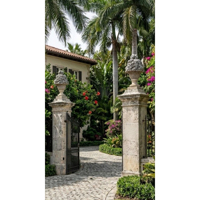 Pair of Vintage Cast Stone Fruit Basket Garden Finials & Architectural Urns For Sale - Image 10 of 12