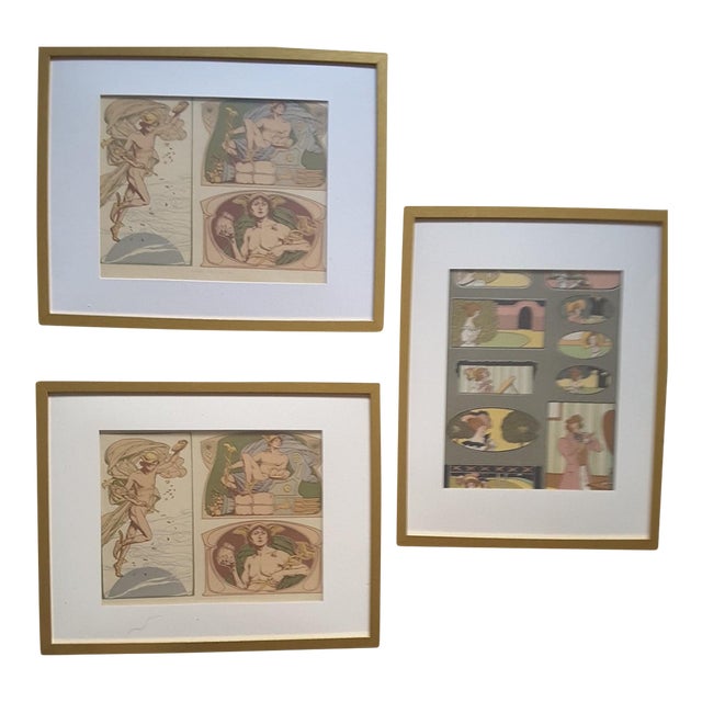 Curated Antique Art Nouveau Framed Lithographs - Complete Gallery Wall Set of 6 (C. 1895–1905) For Sale