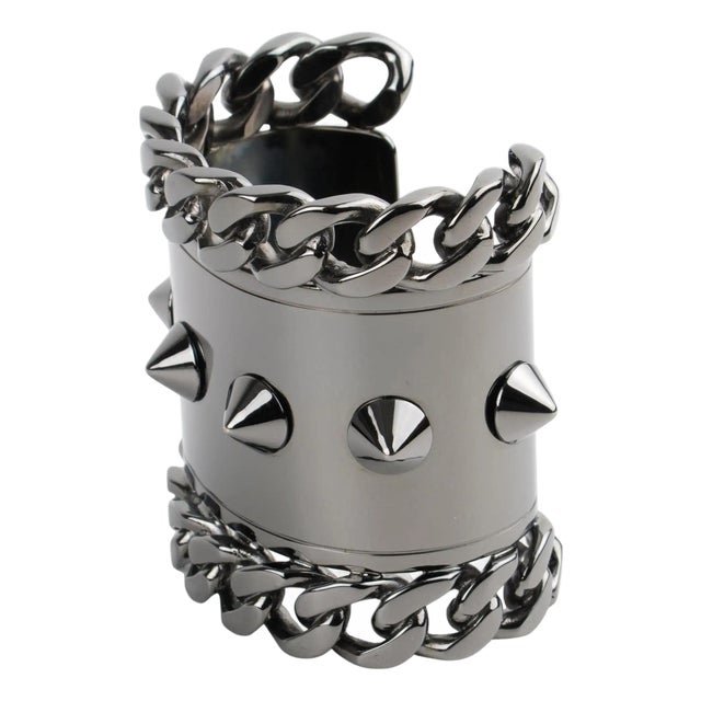 Givenchy Paris High-Gloss Gunmetal Chains and Studs Cuff Bracelet For Sale