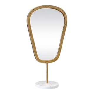 Matthew Izzo Home Micah Small Aged Gold Table Top Mirror on Marble Pedestal Stand For Sale