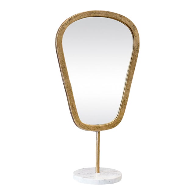Matthew Izzo Home Micah Small Aged Gold Table Top Mirror on Marble Pedestal Stand For Sale
