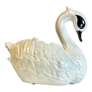 1980s Vintage Coastal Hollywood Regency Folk Art Ceramic Studio Swan Planter For Sale