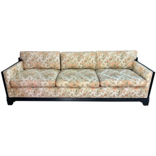 Vintage Late 20th Century Key City Custom Chinoiserie Asian Style Black Lacquered Sofa With Floral Brocade Fabric For Sale