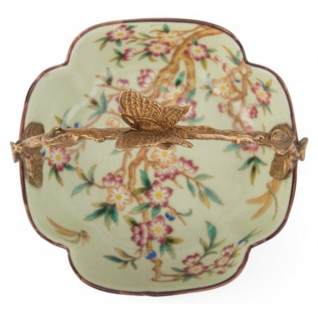 Floral Vine Painted Porcelain Bowl With Bronze Ormolu Basket Handle For Sale - Image 10 of 11