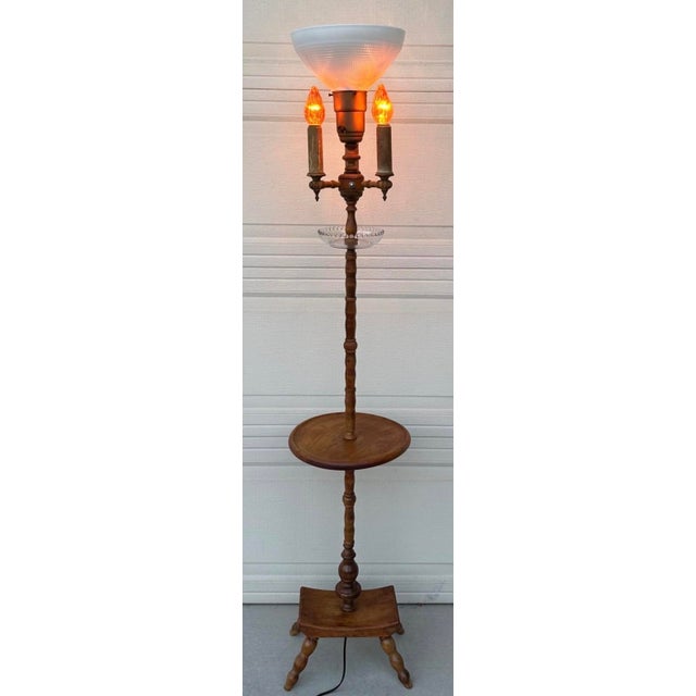 Authentic Antique Maple Floor Lamp With Built-in Table & Glass Gallery Tray 61" For Sale - Image 4 of 16