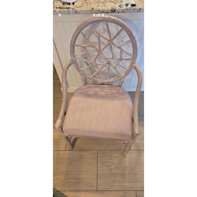 Antique White Vintage McGuire Style Sheaf of Wheat Rattan Dining Table & Elinor McGuire Style Cracked Ice Armchairs – Set of 5 For Sale - Image 8 of 9