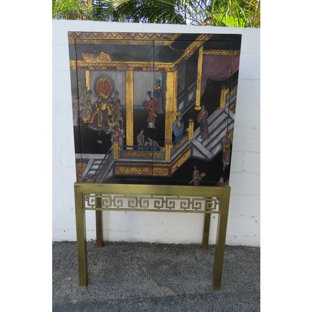 Chinoiserie Maitland Smith Hand Painted Chinoiserie Cabinet Cupboard on Brass Stand 5442 For Sale - Image 3 of 18