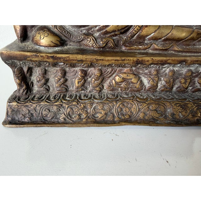 1960s Vintage Asian Reclining Buddha Bronze Sculpture With Ornate Relief Base For Sale - Image 5 of 12