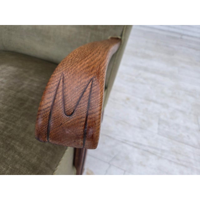 Danish Oak Highback Armchair with Velour Upholstery, 1960s For Sale - Image 11 of 18