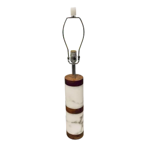 Modern White Marble and Wood Cylinder Table Lamp