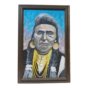 Mid 20th Century American Indian Chief Hin-Mah-Too-Yah-Lat-Kekt, Know as “ Chief Joseph” Oil on Canvas, Framed in the Style of American Indian Artist