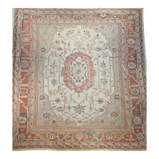 Vintage Turkish Oushak Oversize Rug, Wool Pile, Geometric Medallion, 1900s For Sale