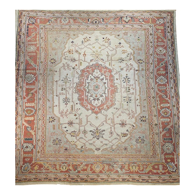 Vintage Turkish Oushak Oversize Rug, Wool Pile, Geometric Medallion, 1900s For Sale