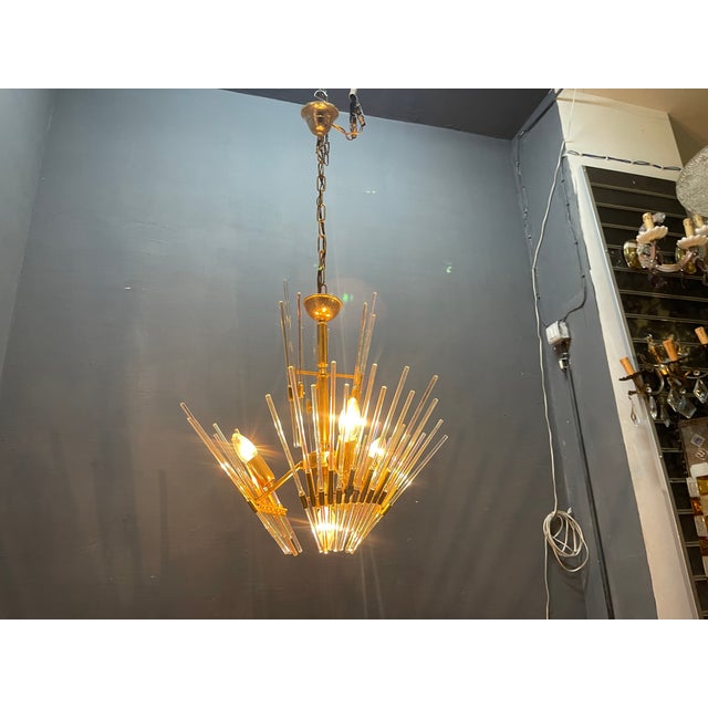 Gold Murano Glass Rod Brass Chandelier by Gaetano Sciolari, Italy, 1970s For Sale - Image 8 of 12