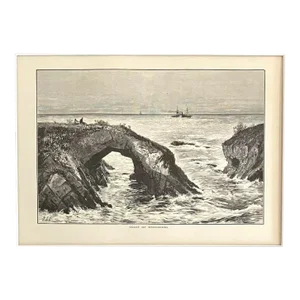 Antique 1874 Wood Engraving "Coast of Mendocino" California in 11x14 Mat, EUC