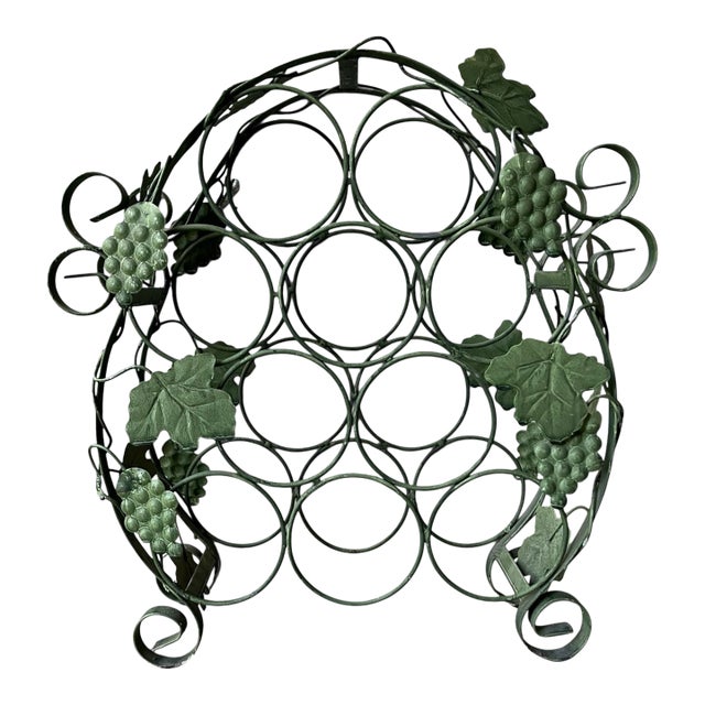 1980s Vintage Green Metal Grapevine Scroll 10-Bottle Large Wine Holder Rack For Sale