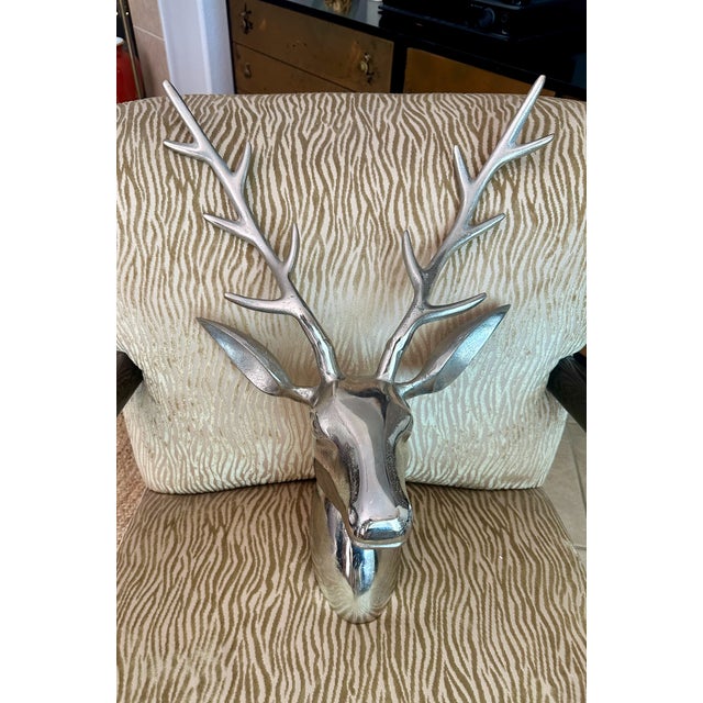 Large Modernist Cast Polished Metal Deer Antler Head Wall Sculpture For Sale - Image 10 of 15