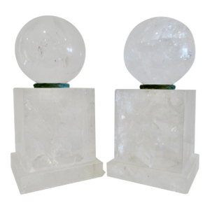 Grand Tour Rock Crystal Column Bases With Bronze Mounts & Rock Crystal Spheres -Pair