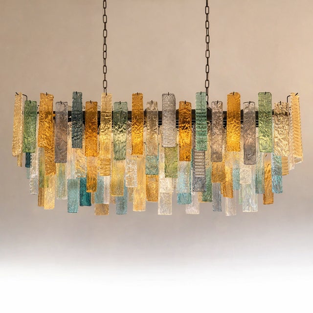 Scenographic italian hand-made chandelier with multicolors strip “listelli”, elements of Murano glass. Huge rectangular...