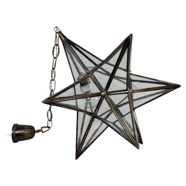 Early 20th Century Moravian Star Glass and Brass Pendant Light For Sale - Image 12 of 12