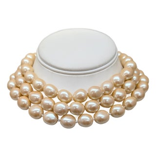 Vintage Signed Monet Goldtone 3-Strand Faux-Baroque Pearl Collar Necklace For Sale