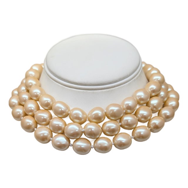 Vintage Signed Monet Goldtone 3-Strand Faux-Baroque Pearl Collar Necklace For Sale