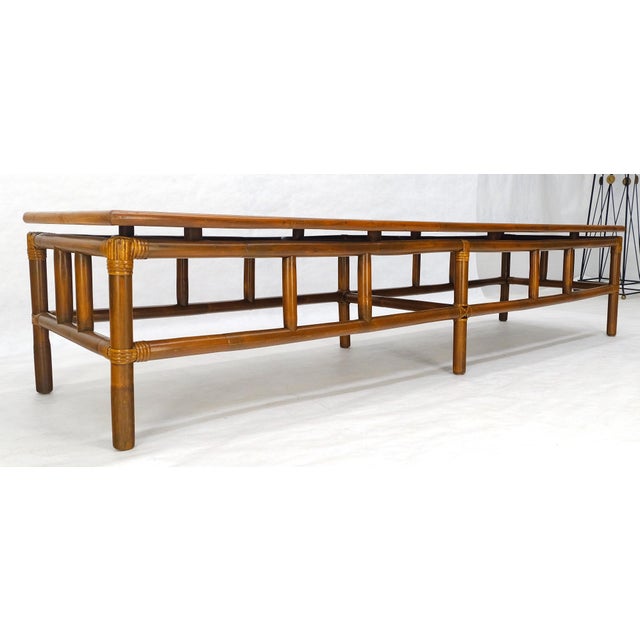 Mid-Century Modern Mid Century c1970s Rattan Bamboo White Formica Top 72” Long Coffee Table MINT For Sale - Image 3 of 15