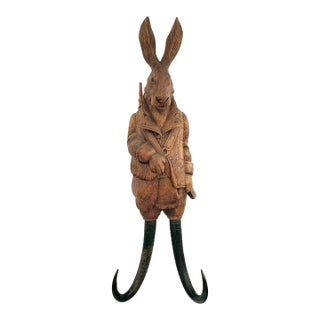 Early 20th Century Black Forest Rabbit Coat Hook, Bunny With Horns, Mixed Media, 16"h For Sale