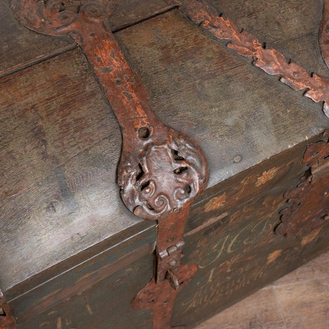 Wood Large Swedish Oak Trunk With Original Green Painted Finish, Dated 1785 For Sale - Image 7 of 18