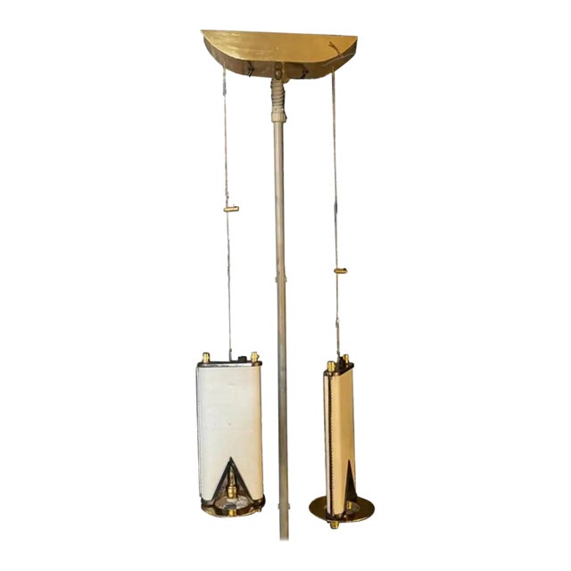 An Elegant 1980s Mid-Century Modern Brass and Skin Italian Double Chandelier For Sale
