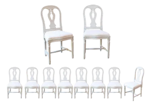 Set of 10 Swedish Painted Dining Room Chairs with Carved Splats and Upholstery