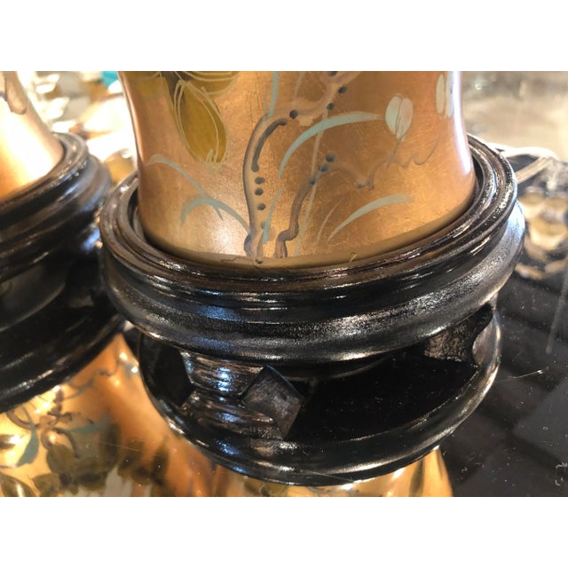 1960s Vintage Chinoiserie Gold Leaf Brass Floral Birds Table Lamps -A Pair For Sale - Image 5 of 13