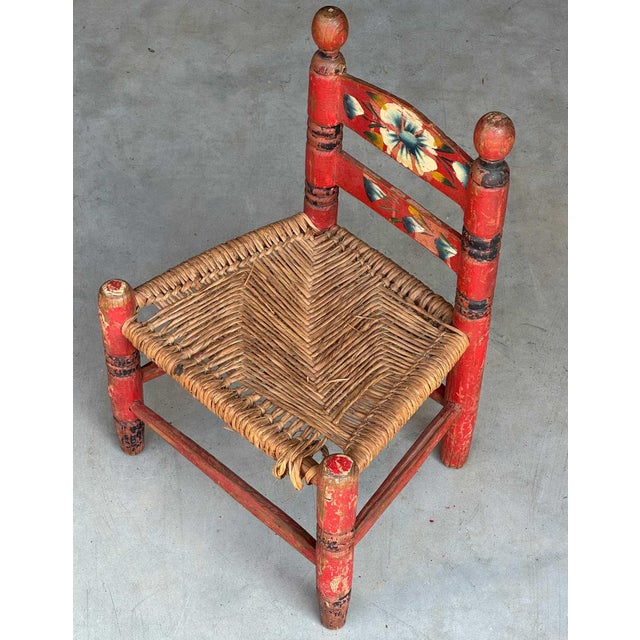 Folk Art Vintage Handpainted Red Blue Flowers Rattan Seat 16" Tall For Sale - Image 3 of 3