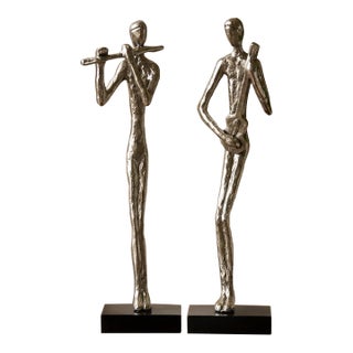 Modern Abstract Cast Aluminum Jazz Musician Sculptures, Set of 2, Silver Metal Figurines, Flute & Guitar Players Contemporary Music Decor 16” Statues For Sale