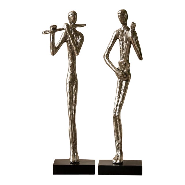 Modern Abstract Cast Aluminum Jazz Musician Sculptures, Set of 2, Silver Metal Figurines, Flute & Guitar Players Contemporary Music Decor 16” Statues For Sale