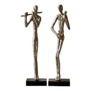 Modern Abstract Cast Aluminum Jazz Musician Sculptures, Set of 2, Silver Metal Figurines, Flute & Guitar Players Contemporary Music Decor 16” Statues