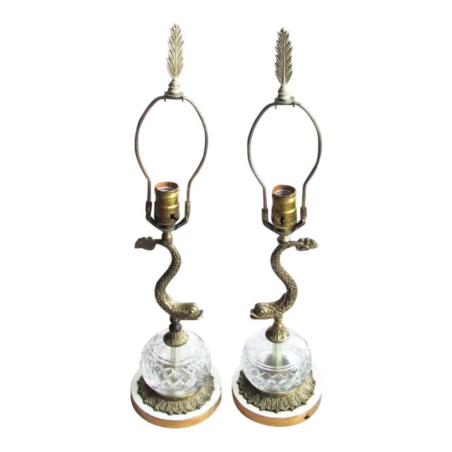 Vintage Brass Dolphin Form Lamps With Glass Fonts, Rewired - a Pair For Sale