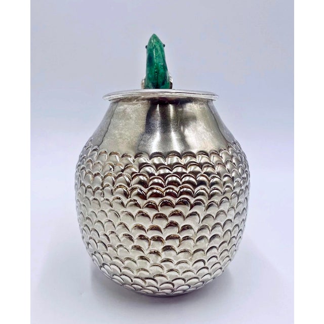 1960s Los Fajardo Taxco Toucan Pitcher Malachite Silver Plate For Sale - Image 10 of 18