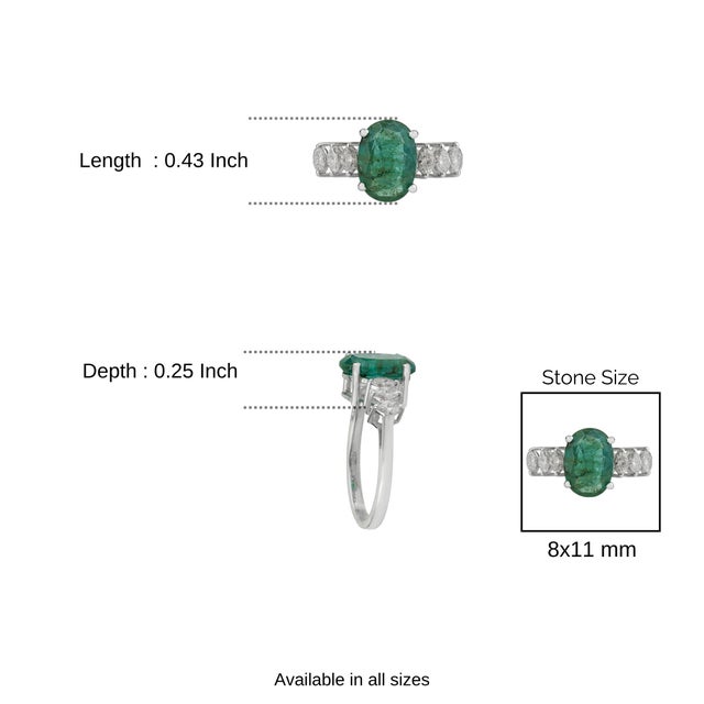 Modern Mid Century Style 2.54 Ct Oval Emerald & Marquise Diamond Ring in 925 Silver Size 7.5 For Sale - Image 11 of 14
