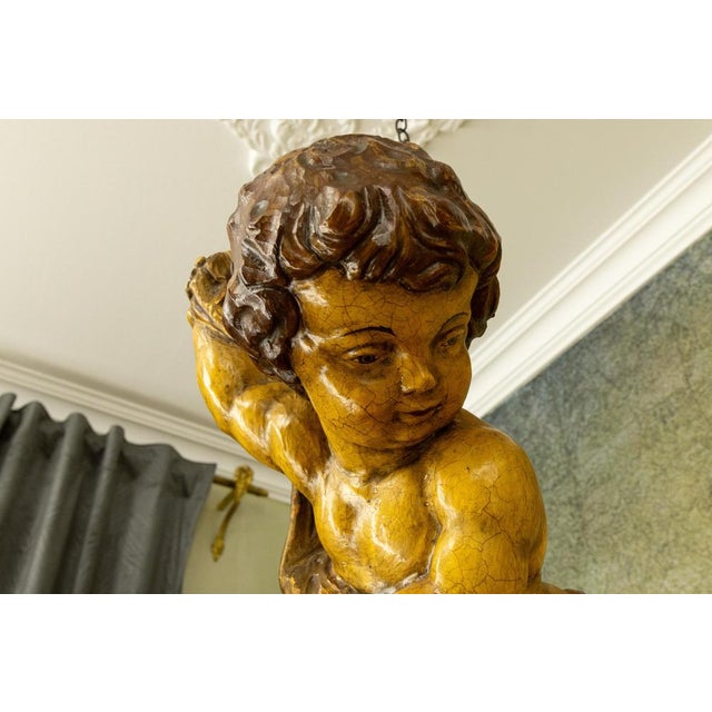 German Baroque Revival Style Polychromed Carved Wood Putto Figure For Sale - Image 4 of 18