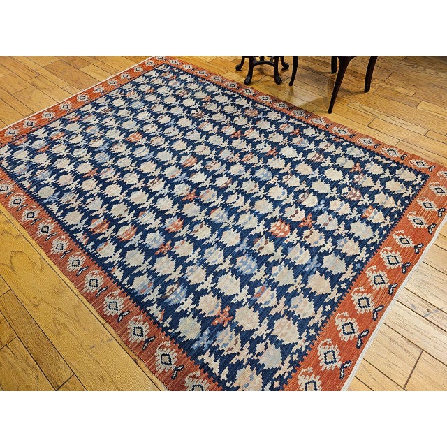 Persian Vintage Kurdish Kilim Rug, Hand-Woven All-Over Paisley Pattern, Blue & Brick, 6x9 For Sale - Image 3 of 13