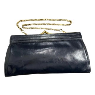 An Elegant 80s Blue Leather and Brass Structured Italian Shoulder Bag by Esseppi For Sale