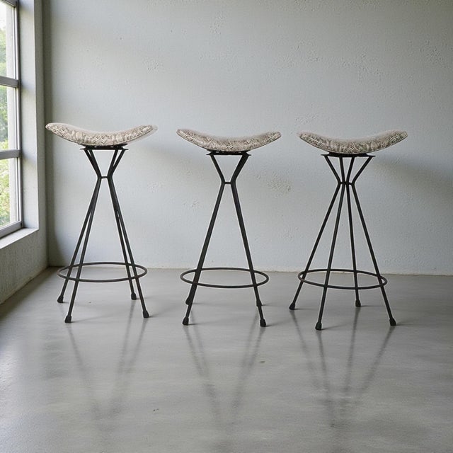 Black Set of Three Mid 20th Century Swivel Bar Stools in New Faux Python Vinyl Upholstery For Sale - Image 8 of 18