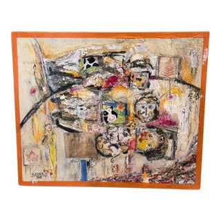 Chairish Title A. Avner 1995 Signed French Mixed Media Abstract Collage Painting on Canvas For Sale