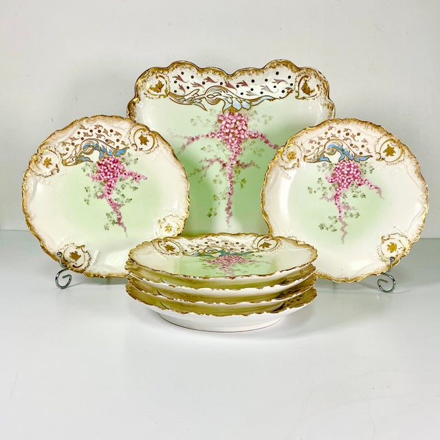 Late 19th Century Late 1900s Antique French Victorian Hollywood Regency Limoges Pink Wisteria Dessert Plates and Platter - Set of 7 For Sale - Image 5 of 12