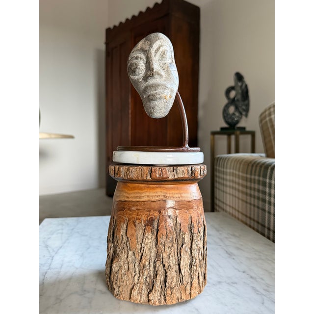 Contemporary Surrealist Carved Stone Face Sculpture Steel Base Tribal Style Raw Wood Pedestal For Sale - Image 3 of 17