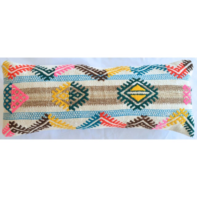 Textile 1970s Turkish Kilim Lumbar Pillow Cover Handmade Wedding Pillow 12" X 30" For Sale - Image 7 of 7