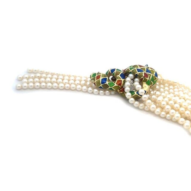14k Enamel Diamond Snake Pendant 6 Strand Pearls Yellow Gold Necklace For Sale - Image 10 of 10